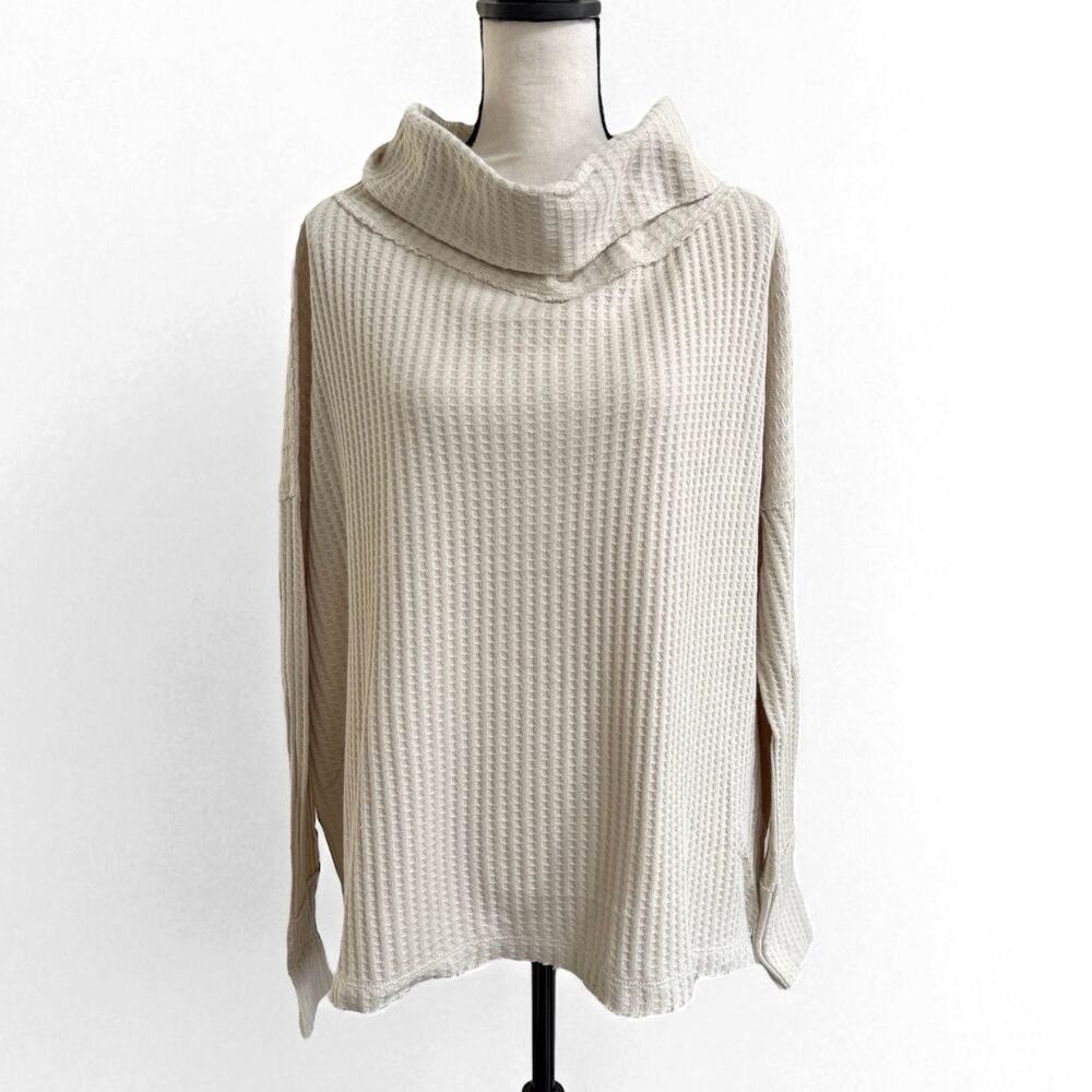 Free People Cream Waffle Knit Cowl Neck Top